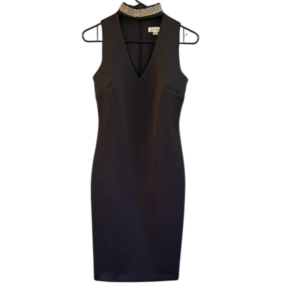 NWT Calvin Klein Scuba Studded Neck Sleeveless Dress Black Gold Size 2